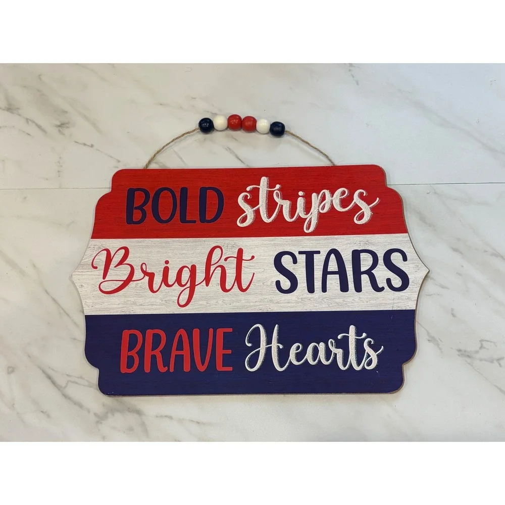 Patriotic Wooden Wall Hanging Sign Red White Blue Glitter
